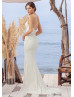 V Neck Ivory Lace Cross Back Wedding Dress With Beaded Belt